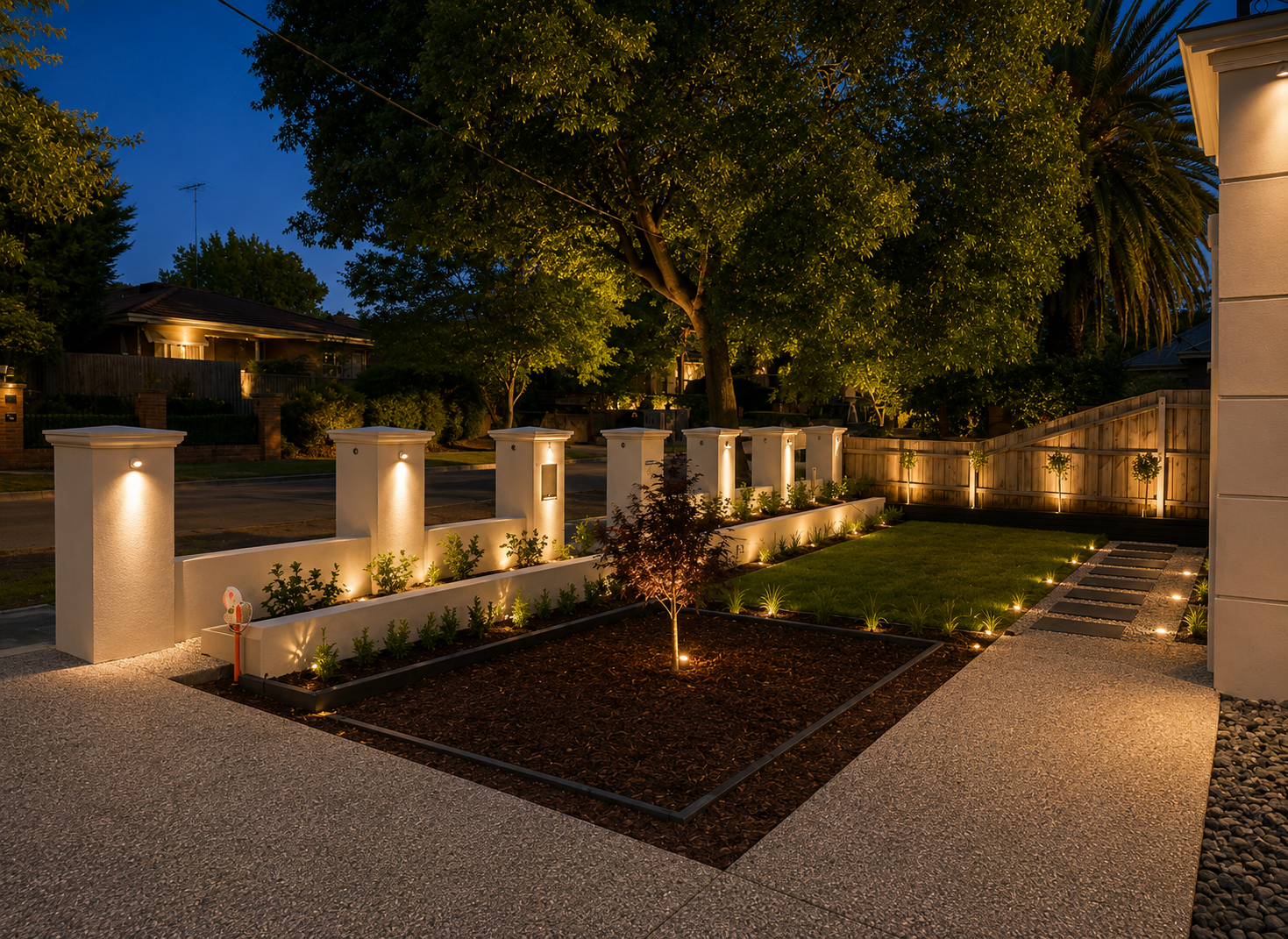 Illuminated Front Garden & Pillars